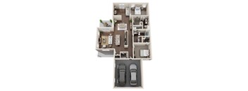 A top-down view of a house layout with two bedrooms, a living room, a kitchen, a dining area, and two parking spaces.