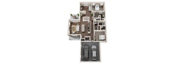 A top-down view of a house layout with two bedrooms, a living room, a kitchen, a dining room, and two parking spaces.