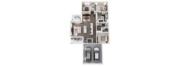 A top-down view of a house layout with two cars parked in the garage.