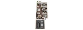 A floor plan of a house with two bedrooms, two bathrooms, a living room, a kitchen, and a garage.