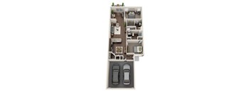 A floor plan of a house with two bedrooms, two bathrooms, a living room, a kitchen, and a garage with two cars.