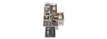A top down view of a house with two cars parked in the garage.
