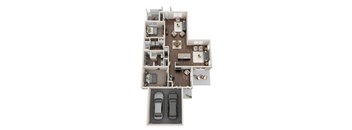 A top down view of a house with two cars parked in the garage.