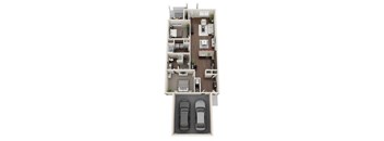 A floor plan of a two bedroom apartment with a garage for two cars.