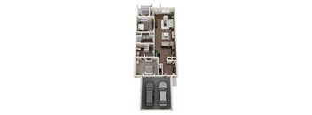 A floor plan of a two bedroom apartment with a garage for two cars.