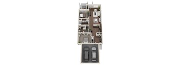 A floor plan of a two bedroom apartment with a garage for two cars.
