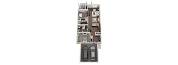 A floor plan of a two bedroom apartment with a garage for two cars.