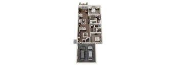 A floor plan of a house with two bedrooms, two bathrooms, a living room, a kitchen, and a garage.