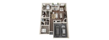 a 3d floor plan of a 3 bedroom apartment with two cars in the garage and a