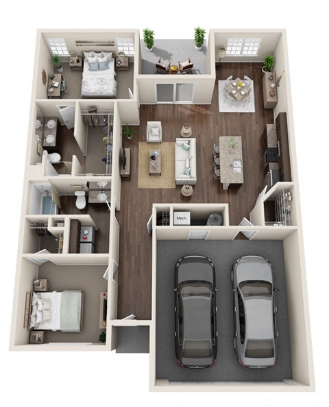 a 3d rendering of a bedroom floor plan with two cars