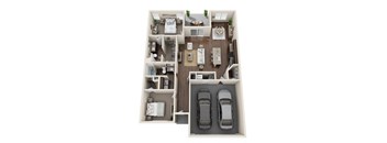 a 3d rendering of a bedroom floor plan with two cars