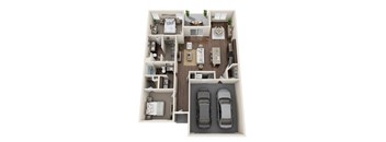 a 3d rendering of a bedroom floor plan with two cars