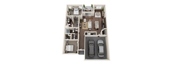 A top-down view of a house interior with two bedrooms, a living room, a kitchen, a dining area, and two parking spaces.