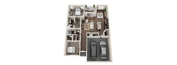 A top-down view of a house interior with two bedrooms, a living room, a kitchen, a dining area, and two parking spaces.