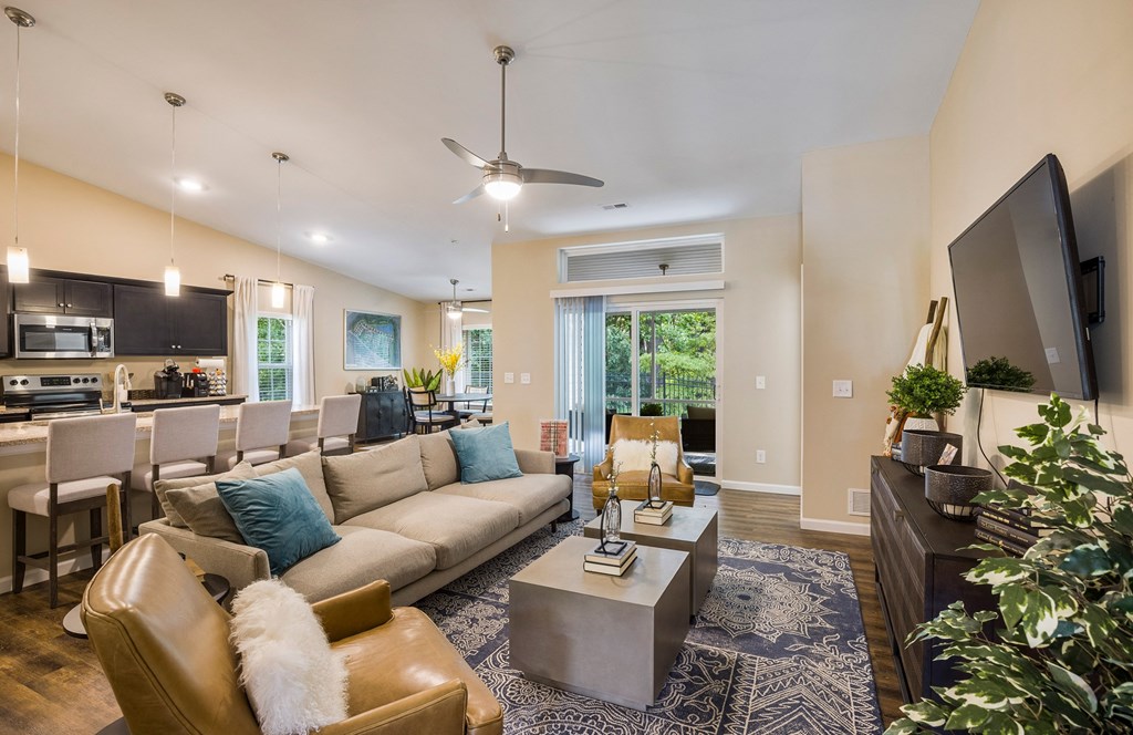 a living room with a couch and a table