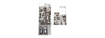 A floor plan of a house with two bedrooms, a living room, a kitchen, a bathroom, and two parking spaces.