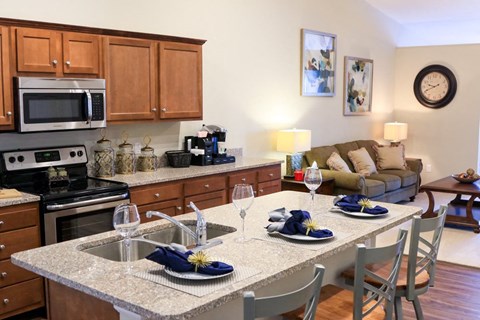 a kitchen and living room with a granite counter top