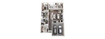 A top-down view of a small apartment with two bedrooms, a living room, a kitchen, and a garage for two cars.