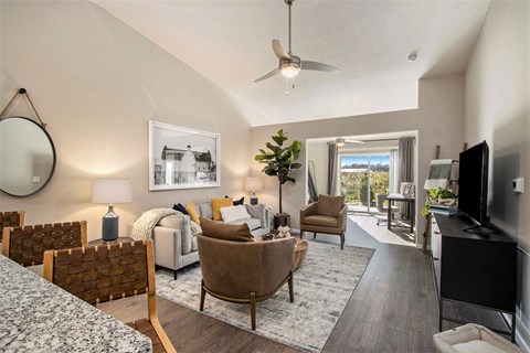 A living room with a brown chair and a grey couch.