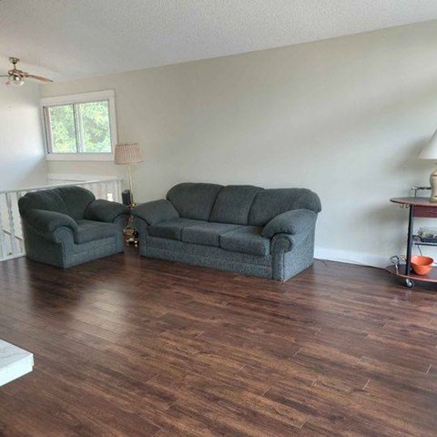 A living room with a grey couch and a green armchair.
