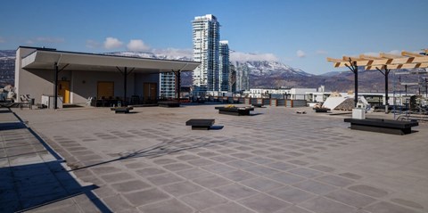 A large open space with a mountain in the background.