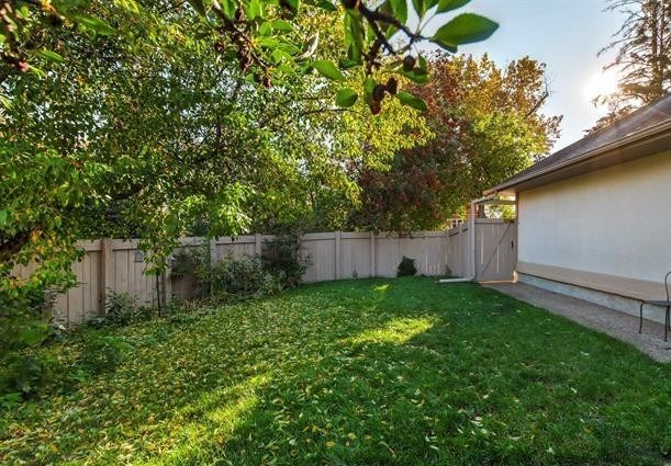 A backyard with a fence and a shed.