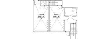 A drawing of a house with two garages labeled B and C.