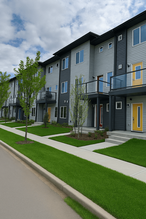 Apartment building with a grey facade and yellow doors.