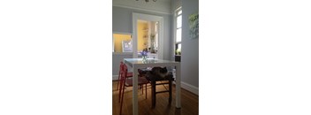 A cat is sitting on a chair at a table.