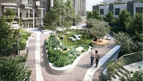 a rendering of a park with trees and buildings