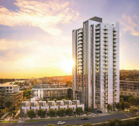 an aerial view of a tall building in a city