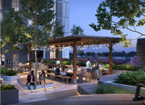 a rendering of a park with benches and trees