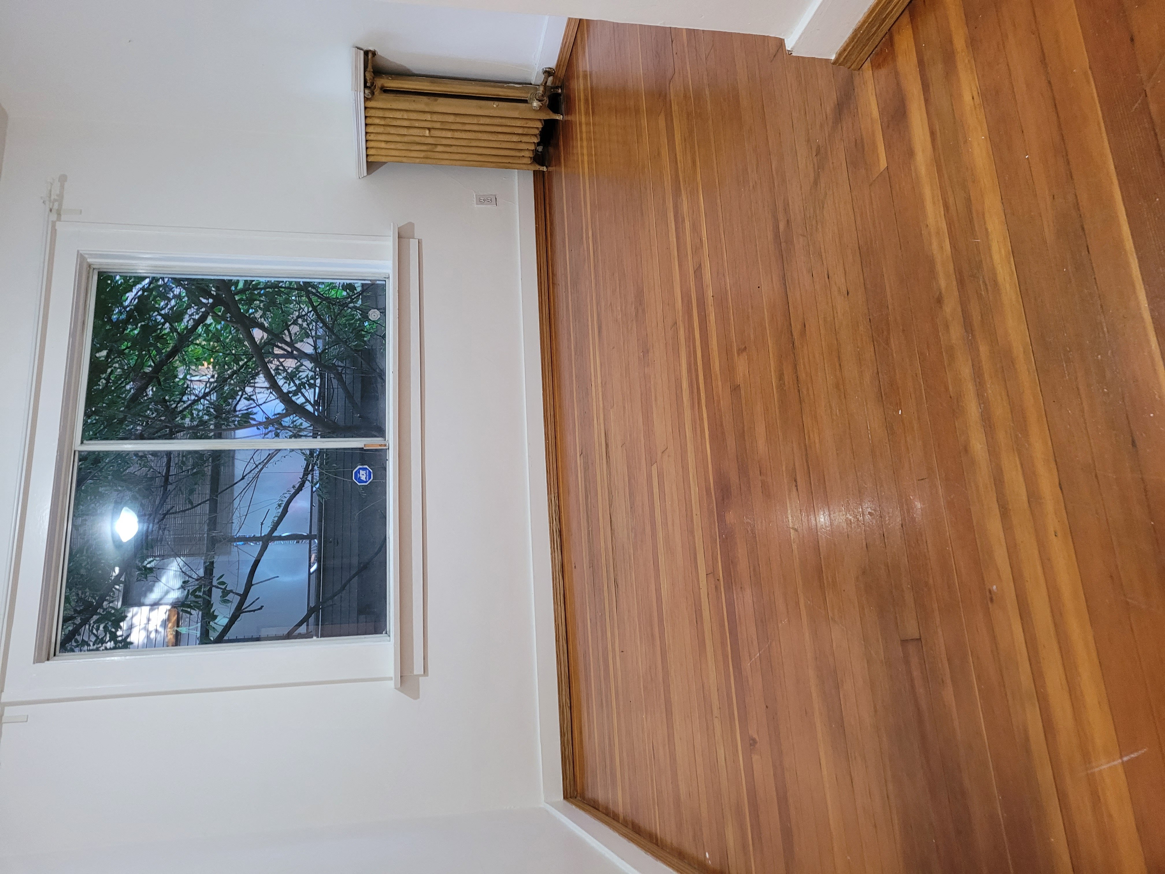 A window with a view of trees and a building outside.