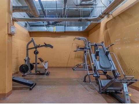 A gym with a row of exercise machines and a weight rack.