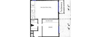 A floor plan of a house with a bedroom, bathroom, and kitchen.