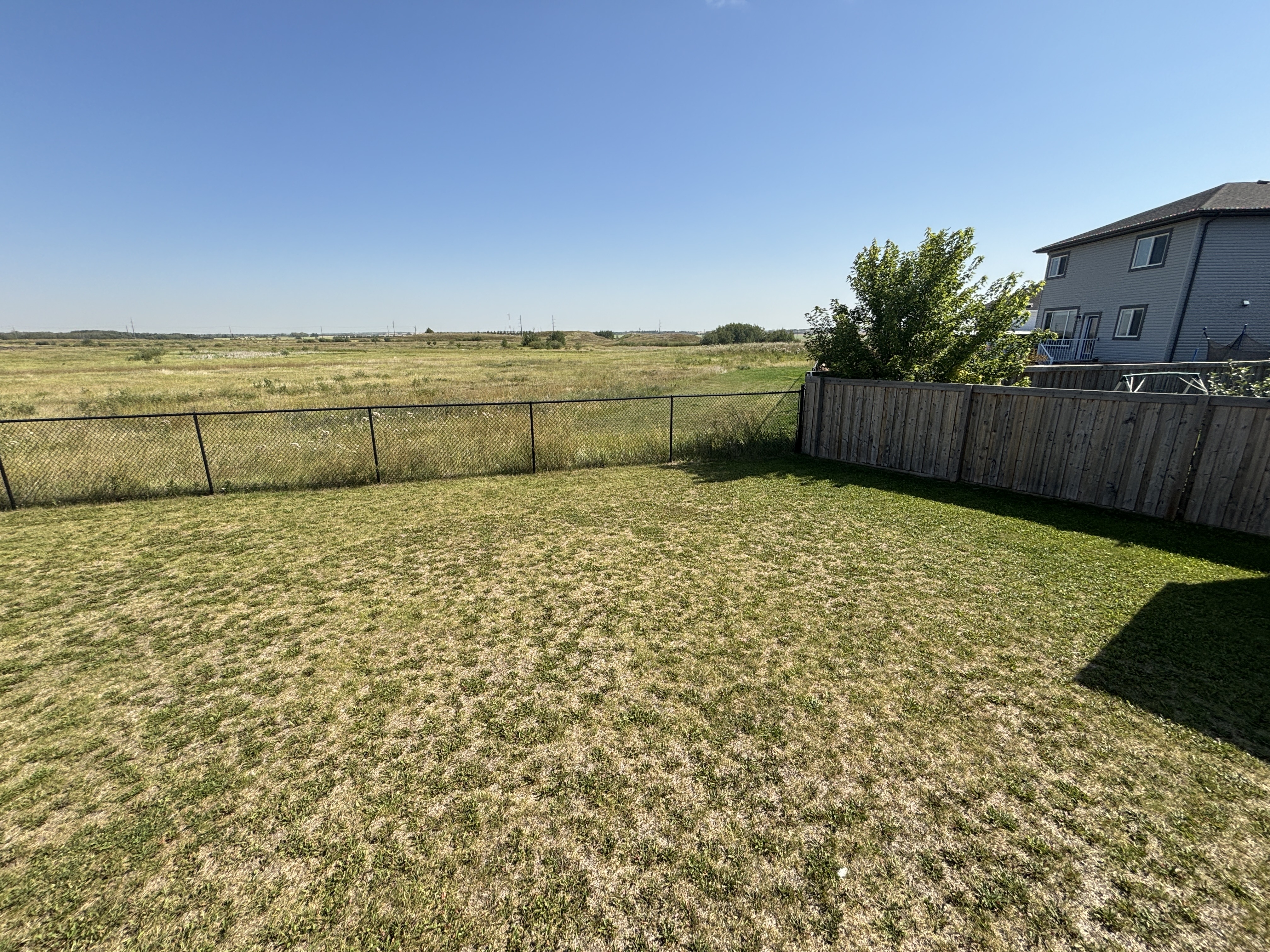 A backyard with a fence and a house in the background.