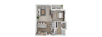 A top-down view of a small apartment layout with a living room, kitchen, and bedroom.