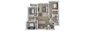 A 3D floor plan of a small apartment with a kitchen, living room, and bedroom.