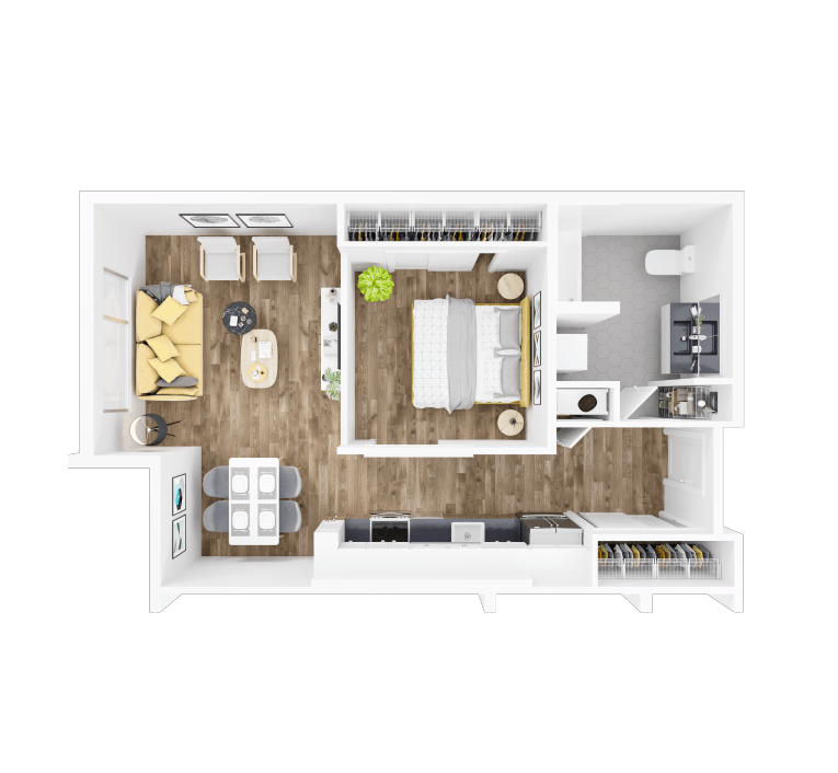 A top-down view of a small apartment with a kitchen, living room, and bedroom.