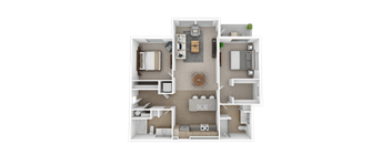 A top-down view of a small apartment layout with a kitchen, living room, and bedroom.