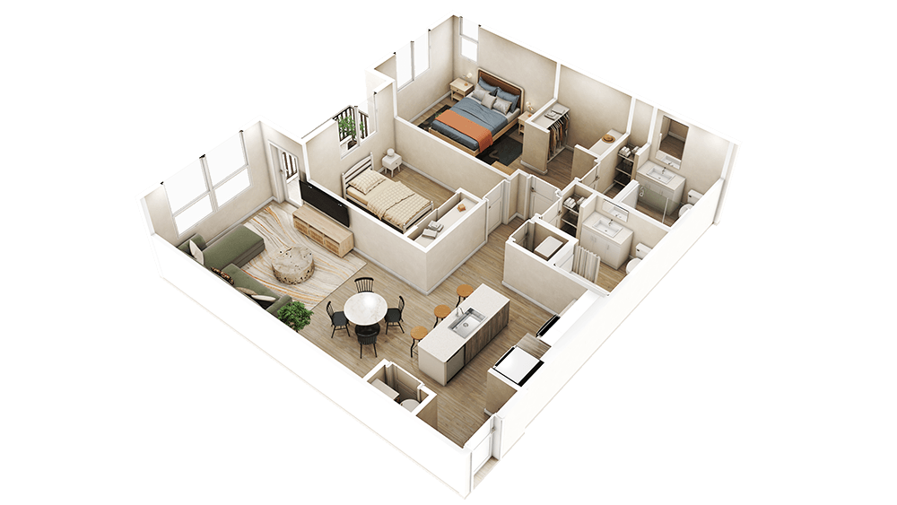 3d floor plan of a 2100 sq ft home