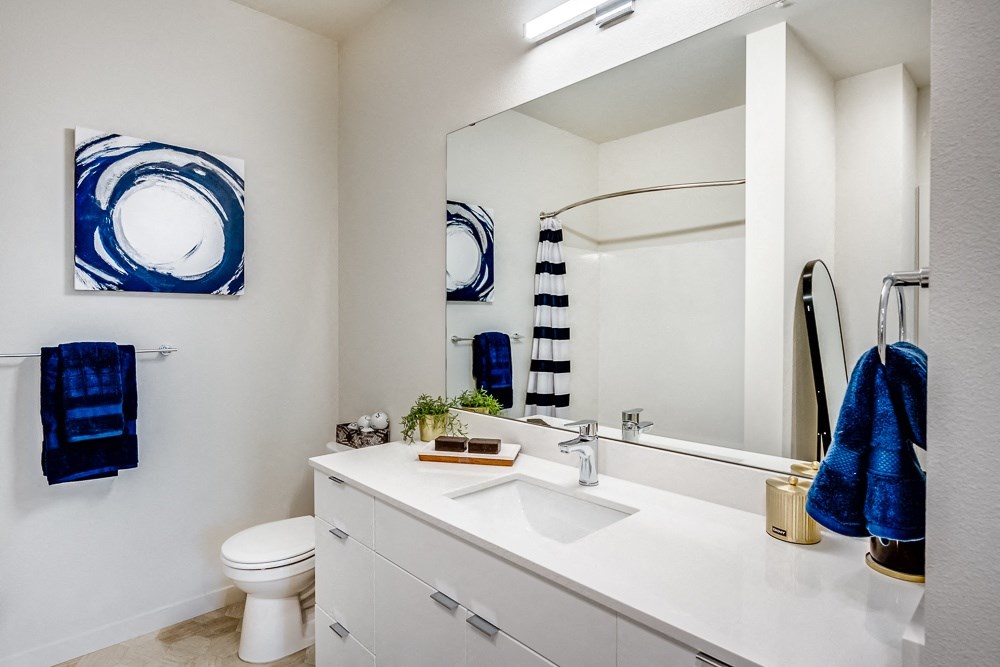 a bathroom with a white sink and toilet and a large mirror