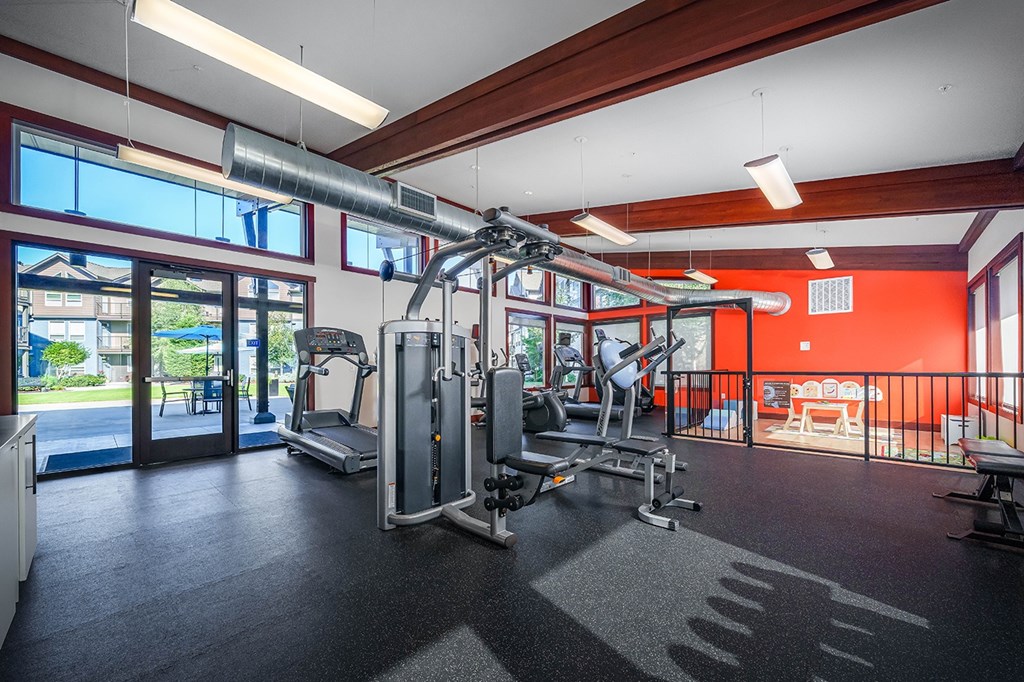 A gym with a variety of equipment including a treadmill, a stationary bike, and a weight machine.