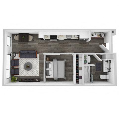 Top-down view of a studio apartment with a bed, a couch, a table, and a kitchen.