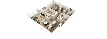 A 3D image of a house layout with a kitchen, living room, and bedrooms.