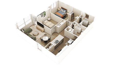 A 3D image of a house layout with a kitchen, living room, and bedrooms.