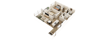 A 3D image of a modern apartment layout.