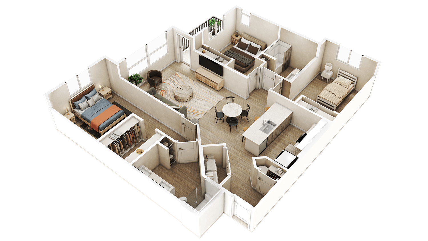 3d floor plan of a 2100 sq ft home