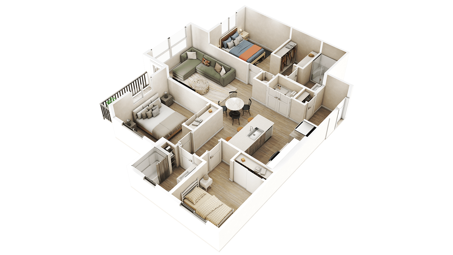 3d floor plan of a 2100 sq ft home