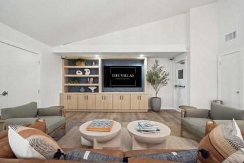 a living room with couches and chairs and a television